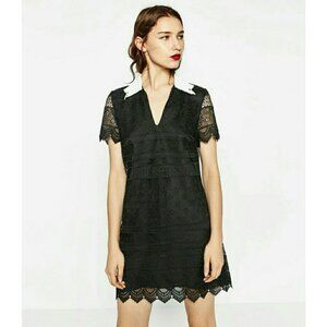 Zara Woman Black Lace Shift Dress White Collar V-Neck Crochet Mini Size S